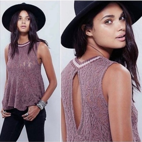 FREE PEOPLE Women’s Brown MAISIE STRETCH LACE ALL STAR Peplum Top Sleeveless XS - Picture 1 of 10